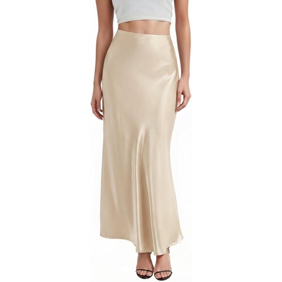 Women's Champagne Silky Satin Fabric Stretch Waist Casual Pull On Maxi Skirt
